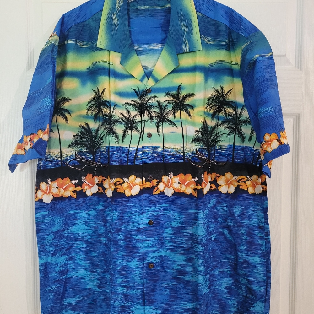 Men Size 2XL The Original Hawaiian Togs Palm Trees button down shirt multicolor